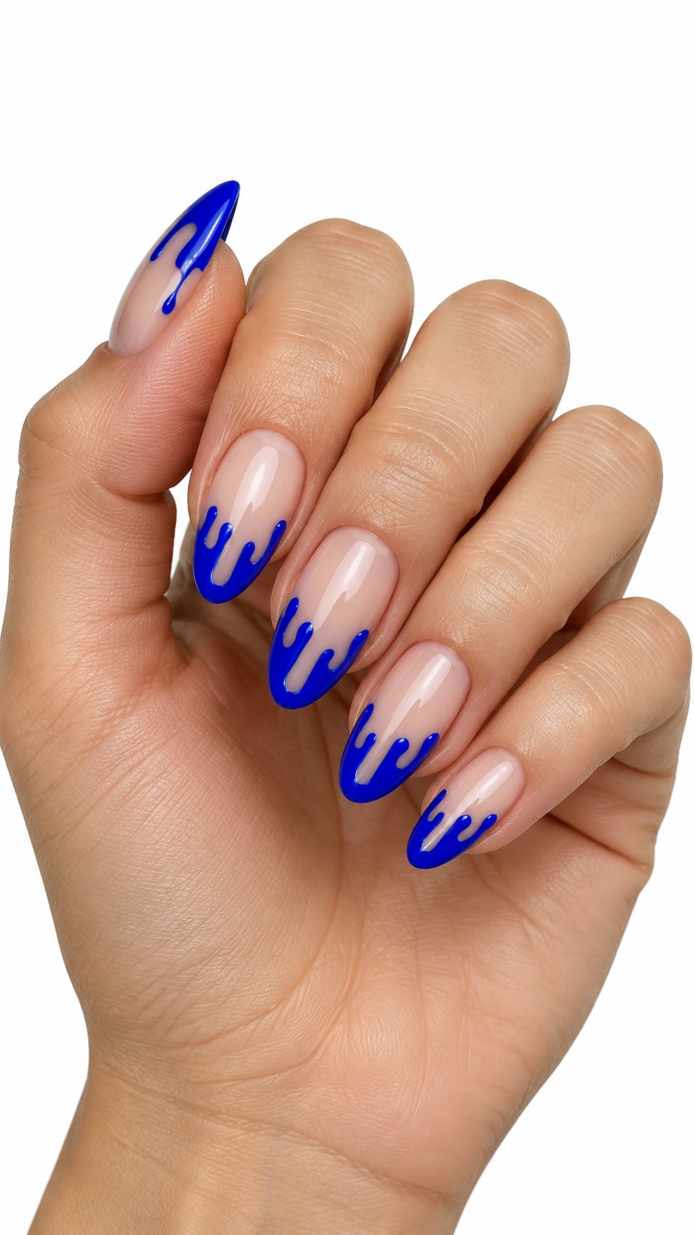 A single hand with glossy nude nails decorated with bright blue dripping designs against a white background.
