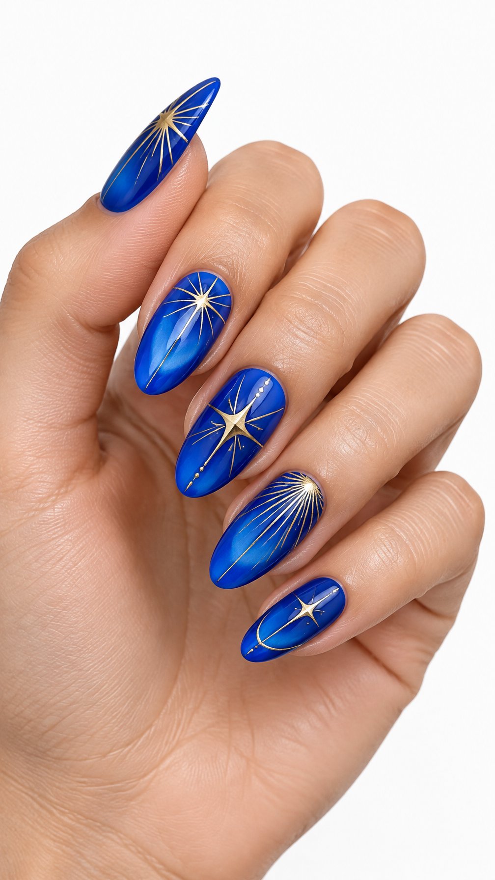 A single hand with glossy electric blue nails decorated with metallic gold starburst designs against a white background.