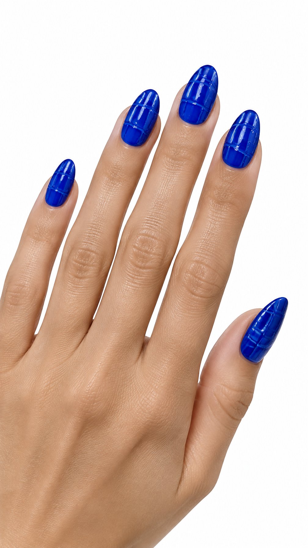 A single hand with glossy cobalt blue textured manicure against a white background.