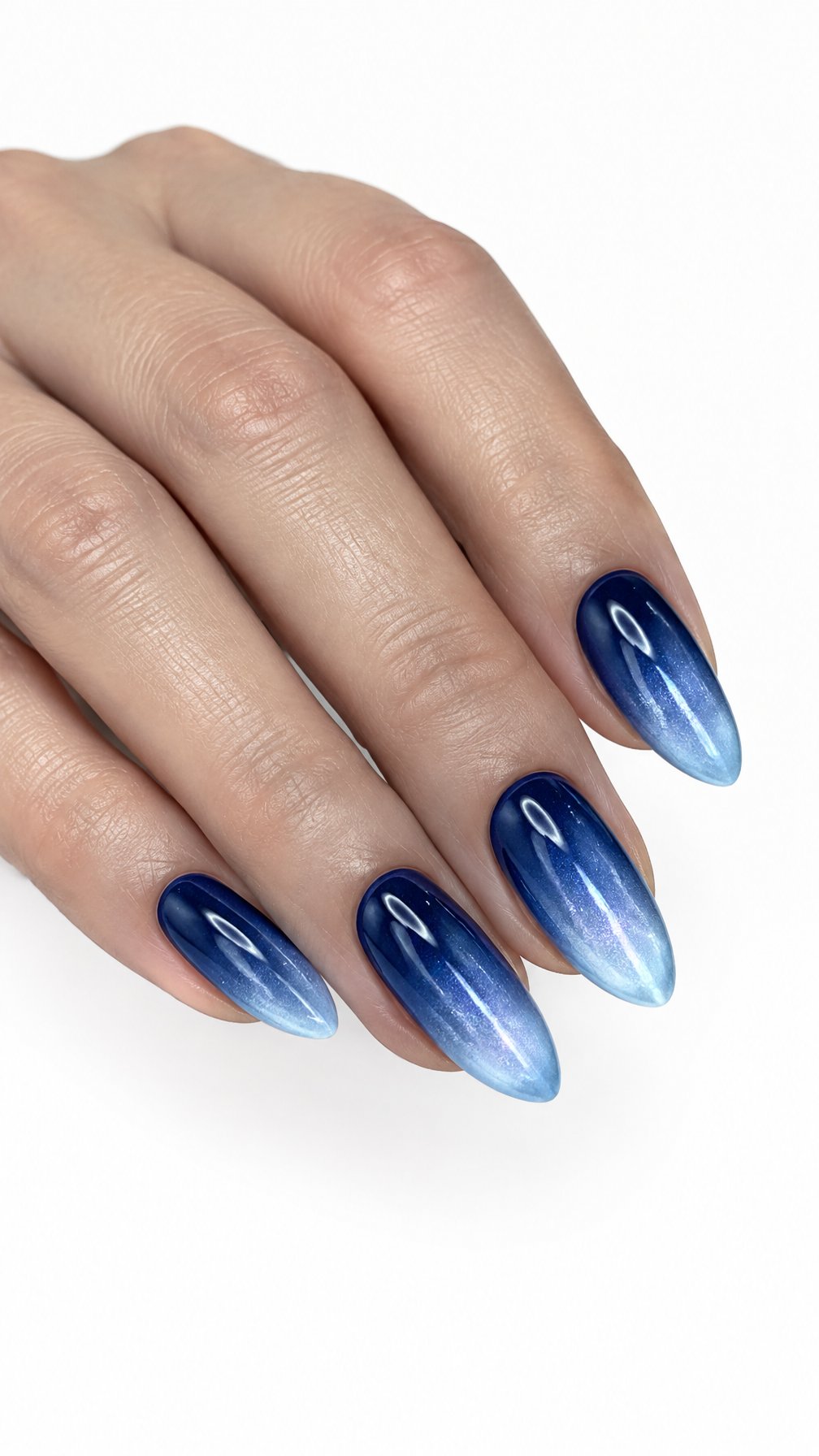 A single hand with glossy almond-shaped nails in a dark blue to icy blue gradient.