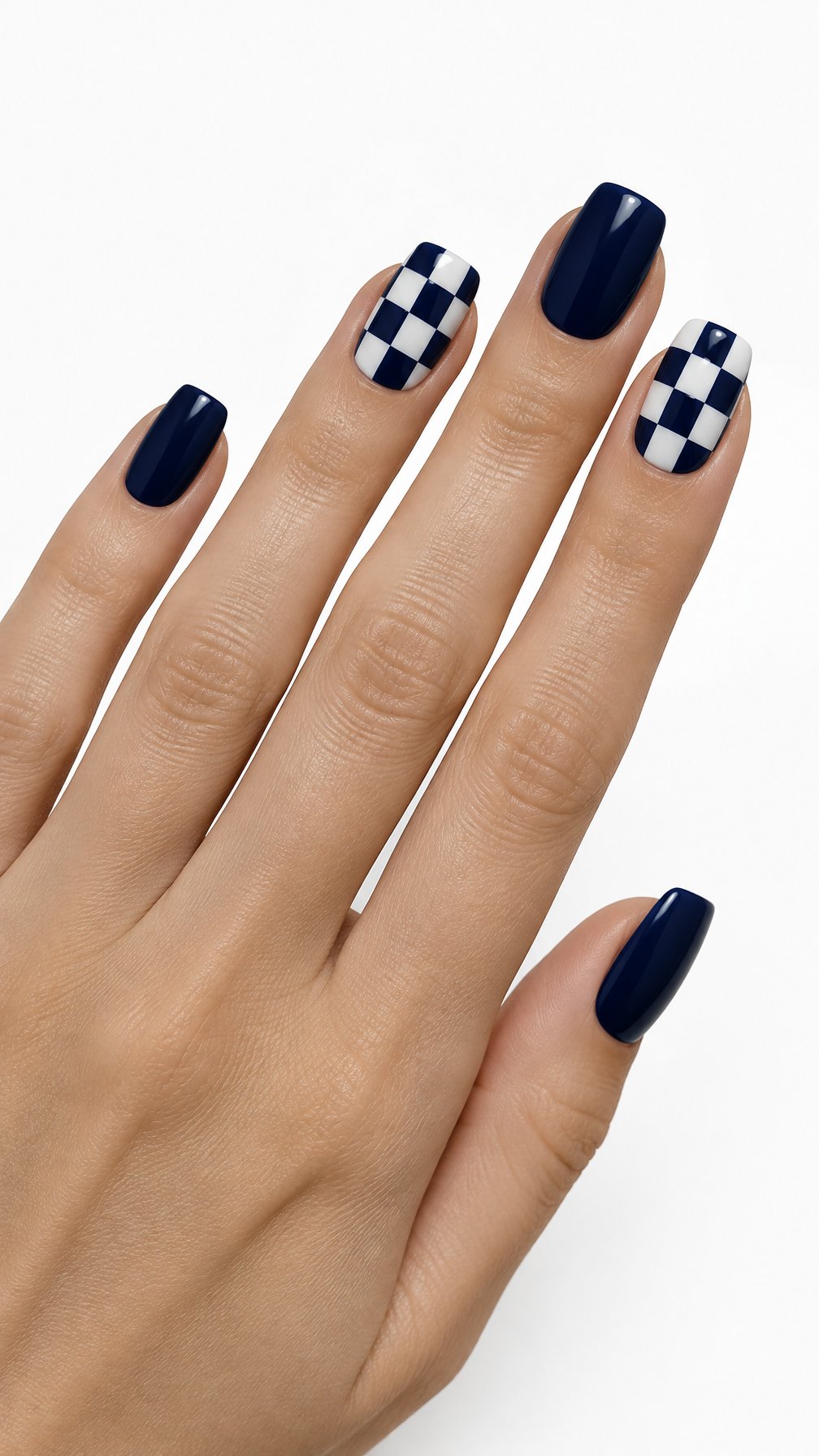 A single hand with glossy midnight blue nails and checkerboard accent nails against a white background.