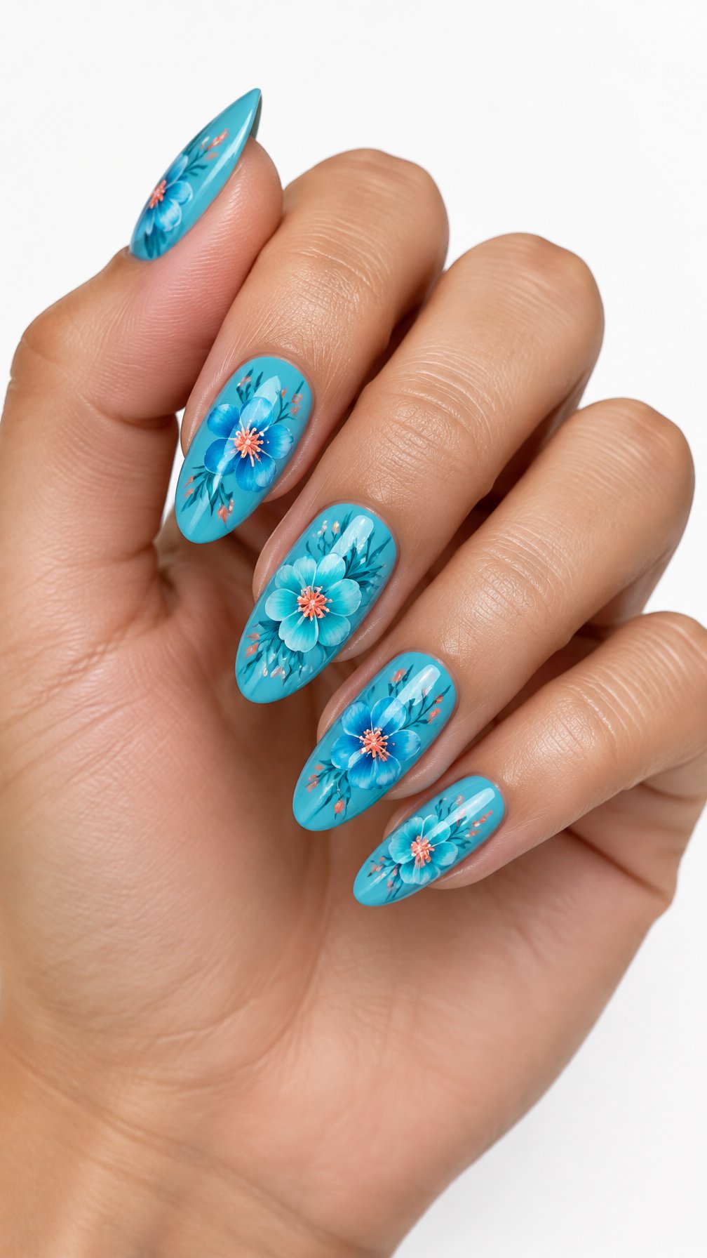 One hand with glossy turquoise nails decorated with blue flowers and coral centers against a white background.
