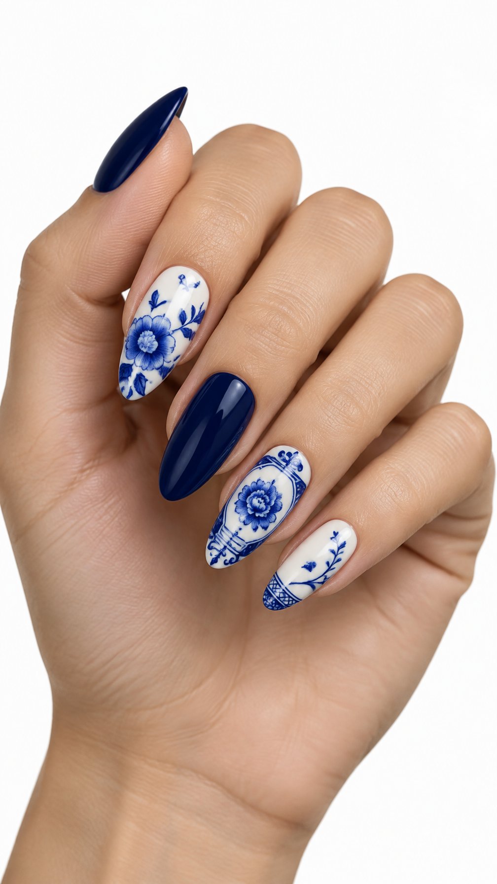 A single hand with almond-shaped nails painted midnight blue and white with intricate blue floral porcelain patterns.