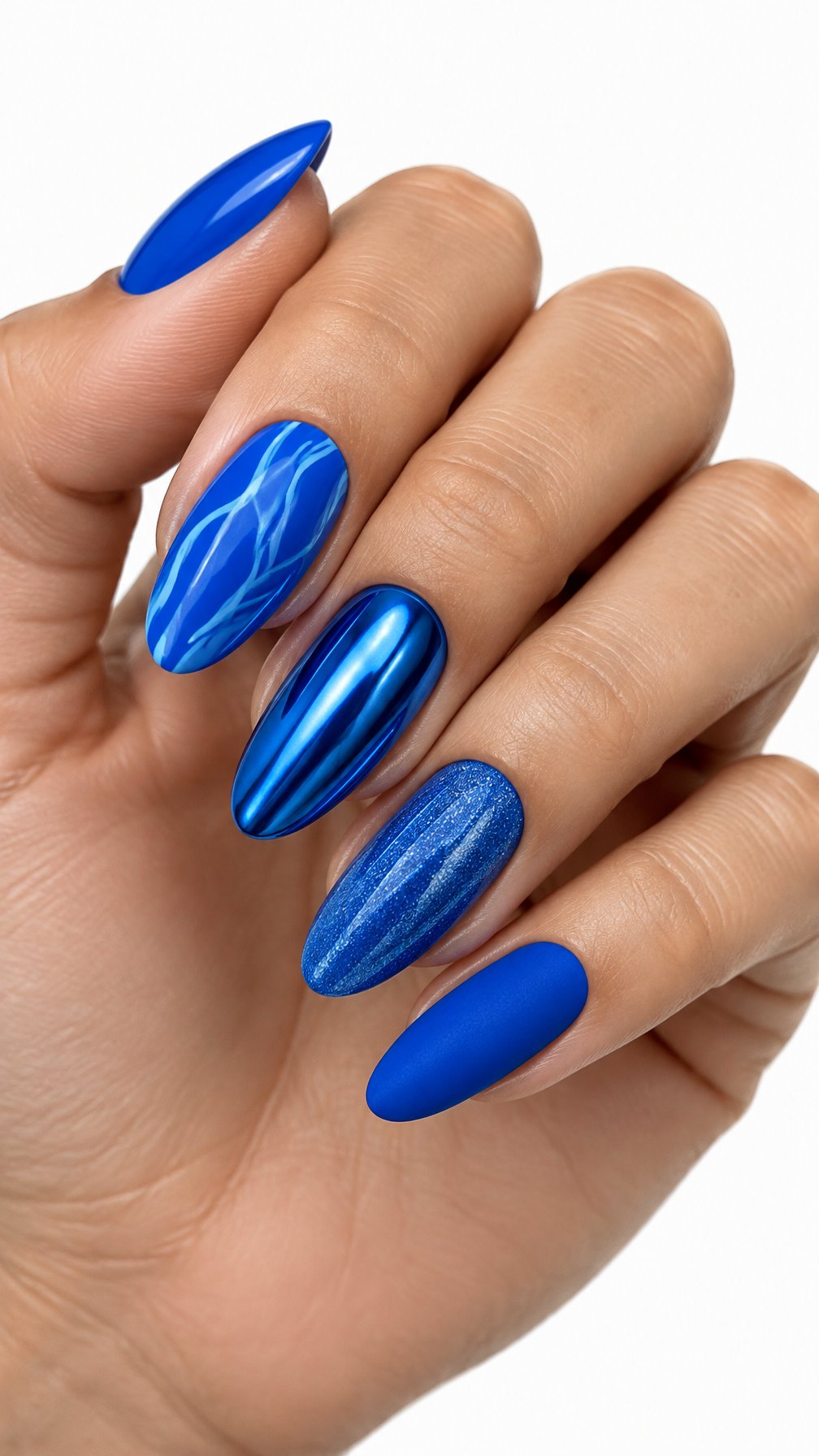 A single hand with five electric blue nails featuring different glossy, matte, chrome, and glitter finishes on a white background.