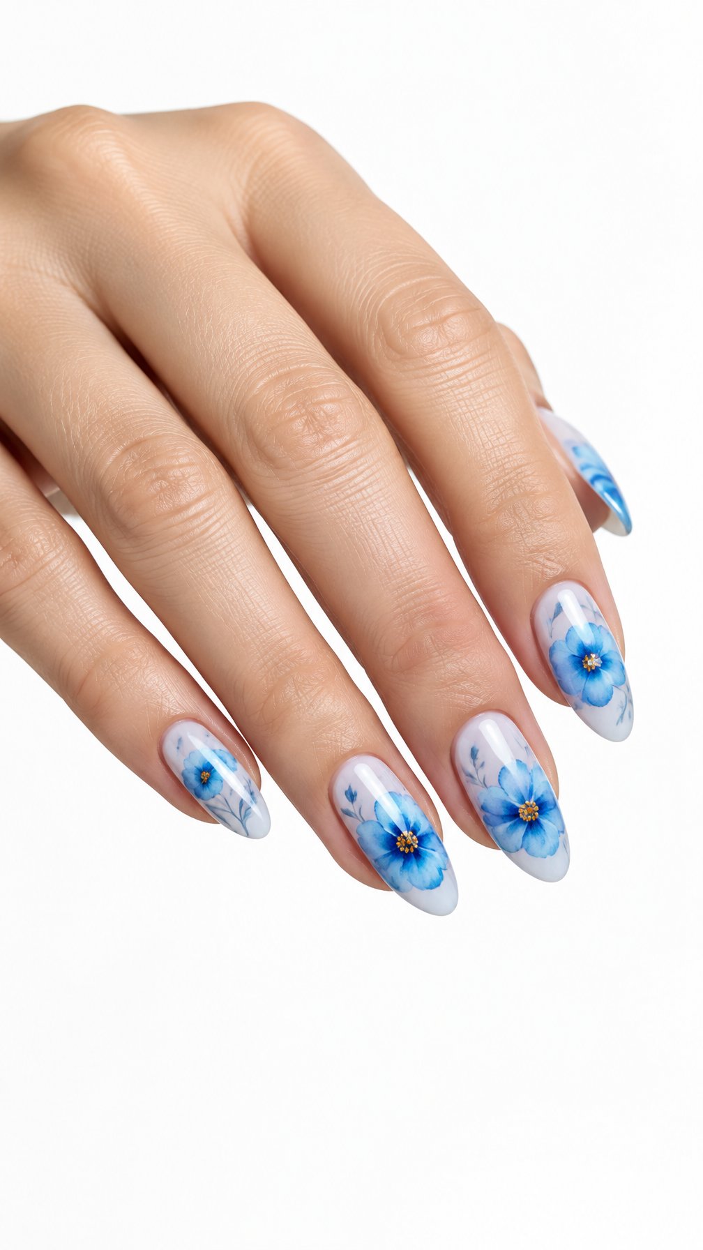 A single hand with pale blue nails decorated with delicate blue poppy flowers on a white background.