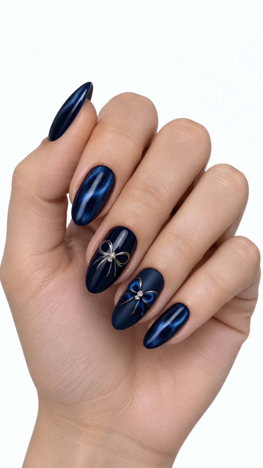 A single hand with glossy midnight blue nails decorated with delicate bow designs, photographed against a white background.