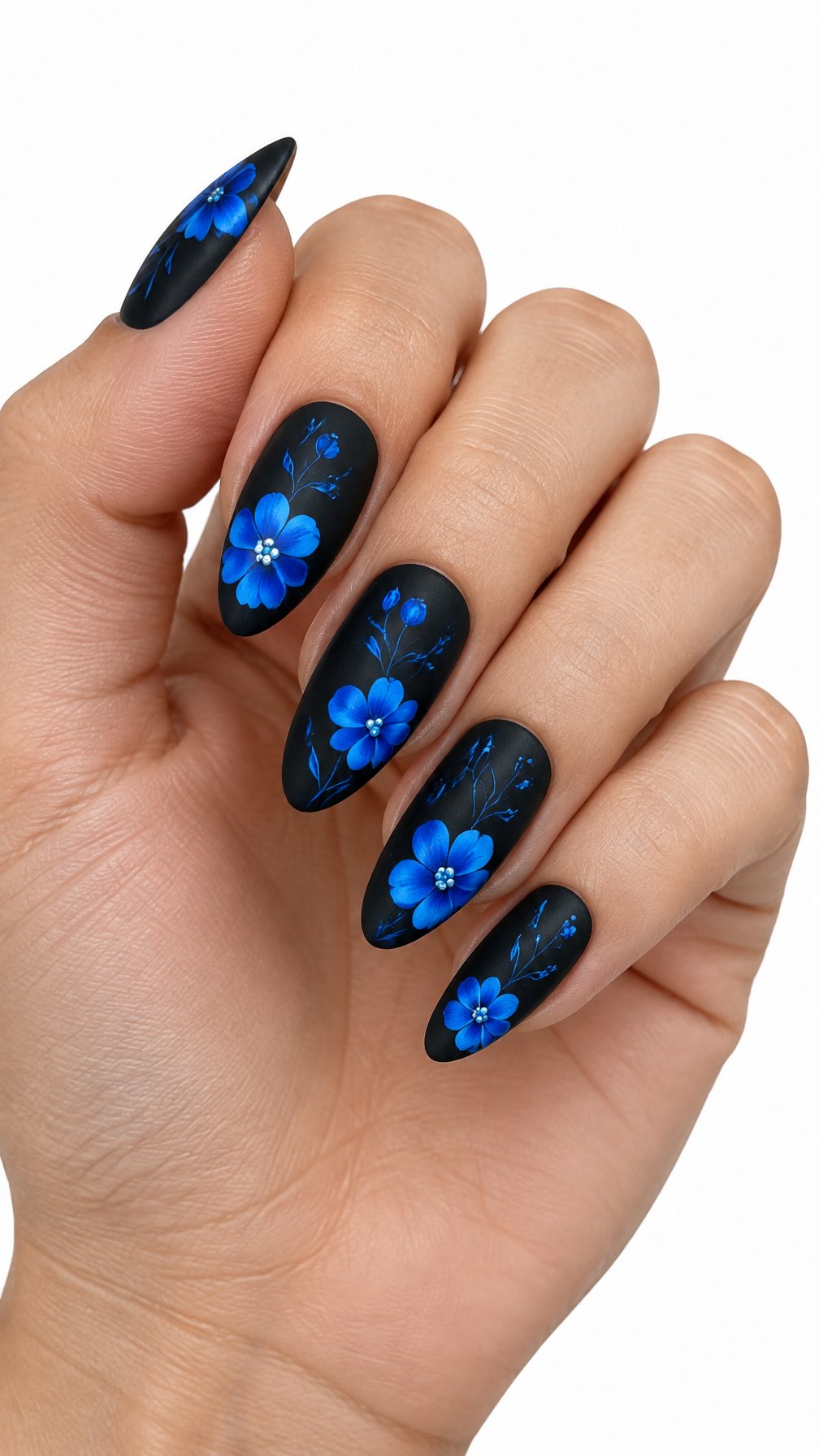 A single hand with matte black nails decorated with bright blue flowers rests against a white background.