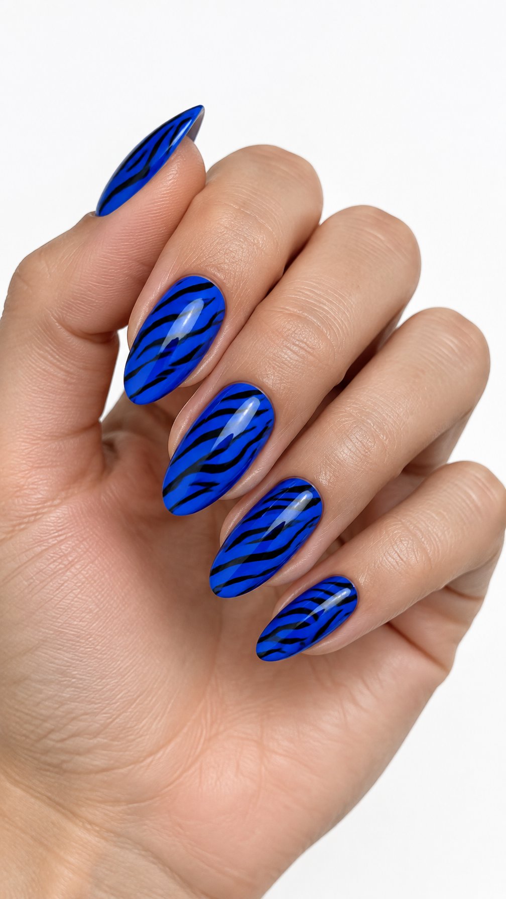 A single hand with glossy electric blue nails decorated with black zebra stripes against a white background.