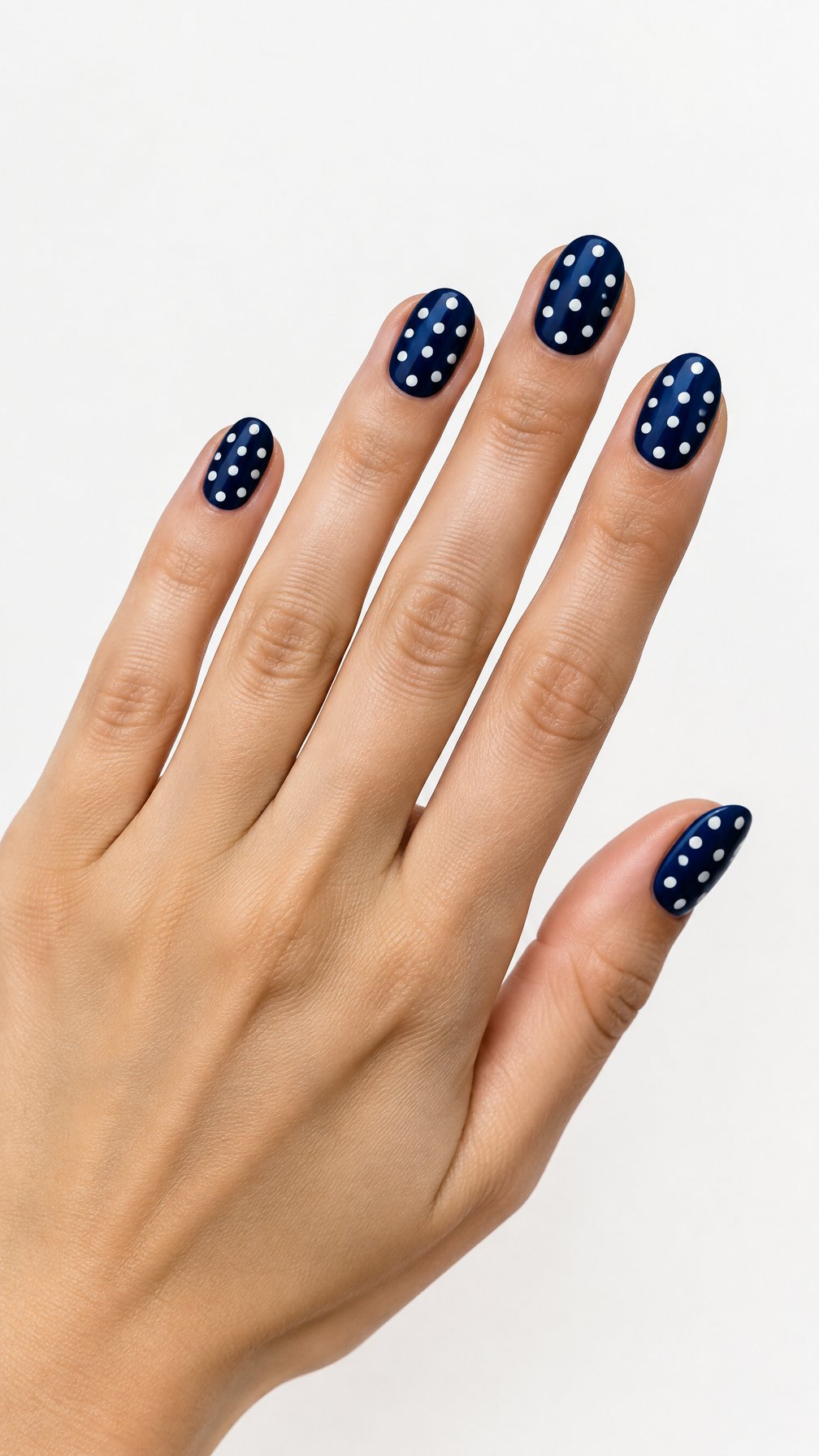 A single hand with midnight blue nails decorated with ivory polka dots rests against a white background.