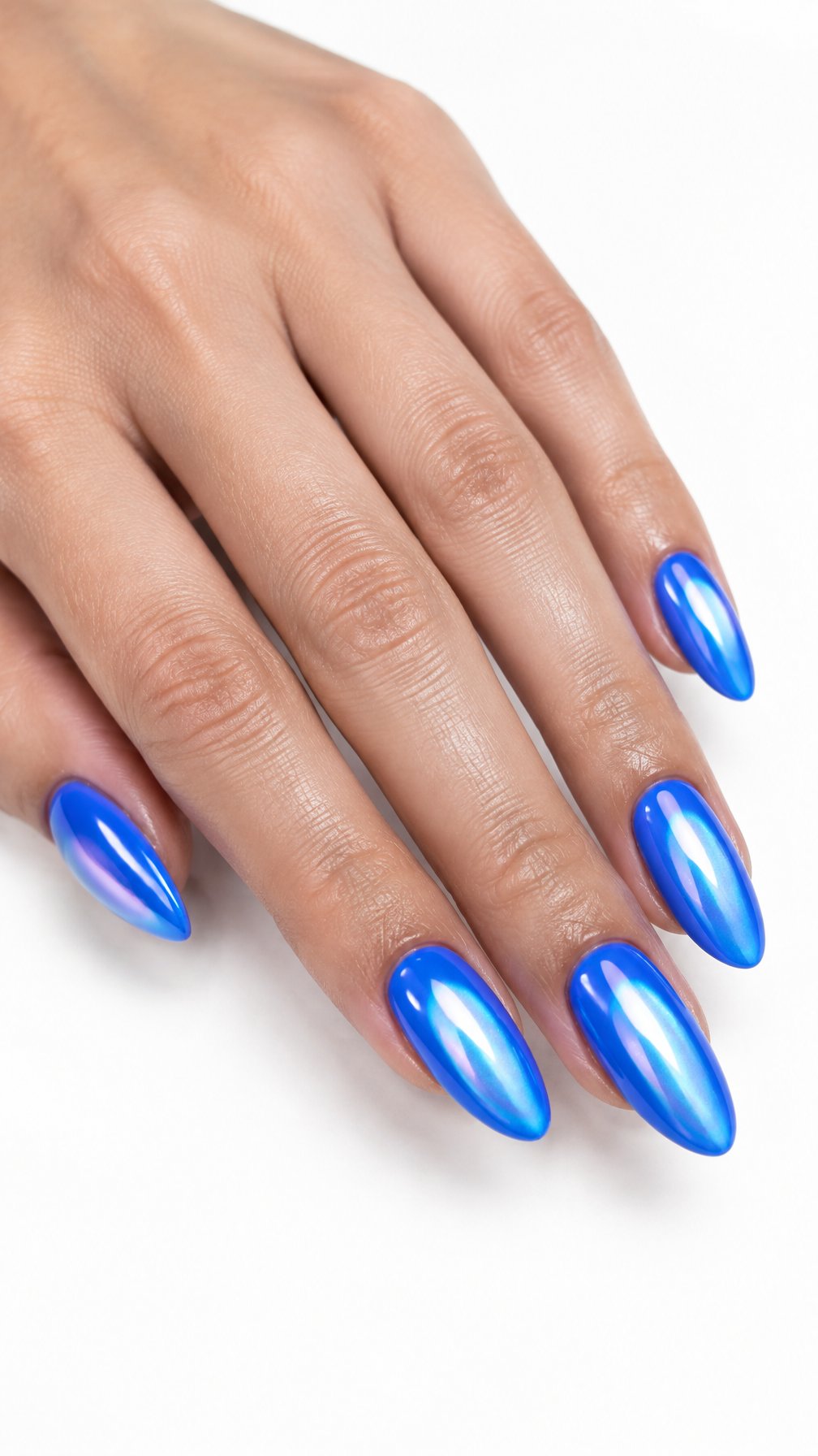 A single hand with glossy electric-blue pearlescent almond-shaped nails against a white background.