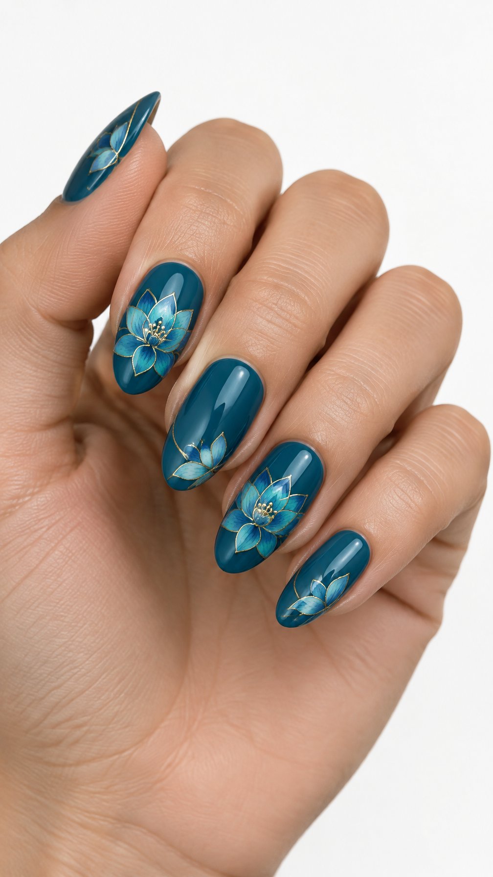 A single hand with glossy teal nails decorated with lotus flowers and fine gold outlines against a white background.