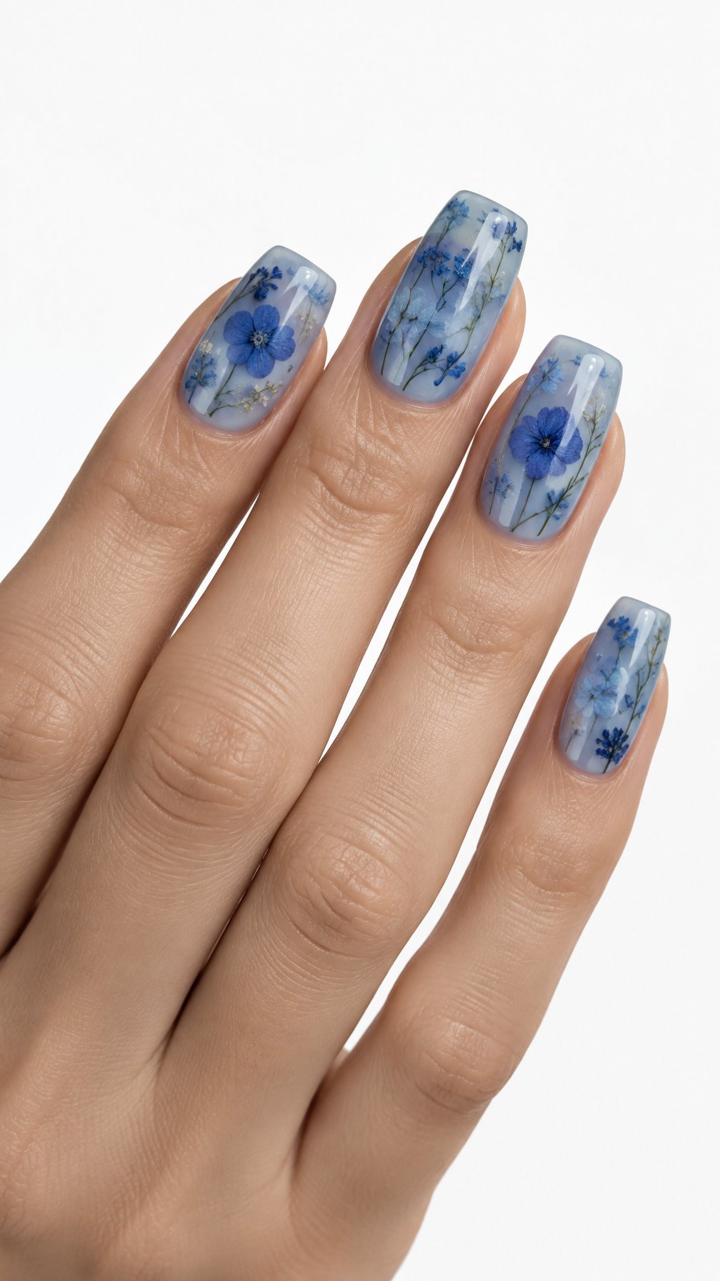 A single hand with glossy blue nails containing delicate dried flowers, photographed against a white background.