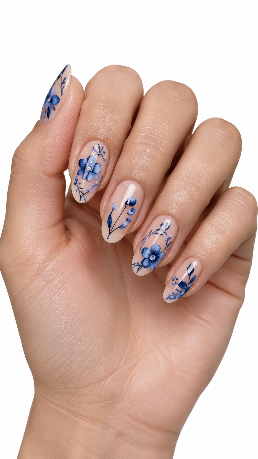 A single hand with indigo floral designs and natural bare spaces on the nails against a white background.