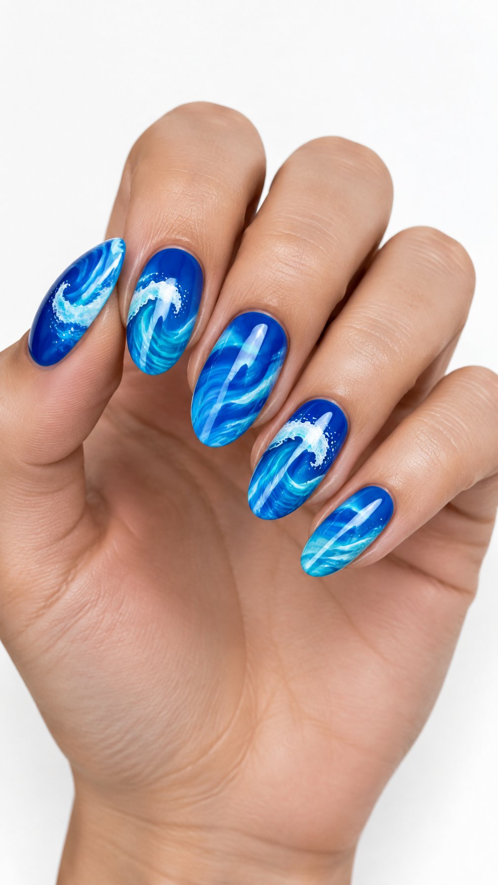 A single hand with glossy electric-blue nails decorated with white ocean wave patterns on a white background.