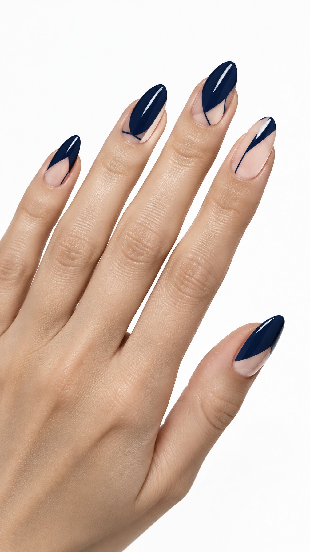 A single hand with glossy midnight blue geometric nails rests against a white background.