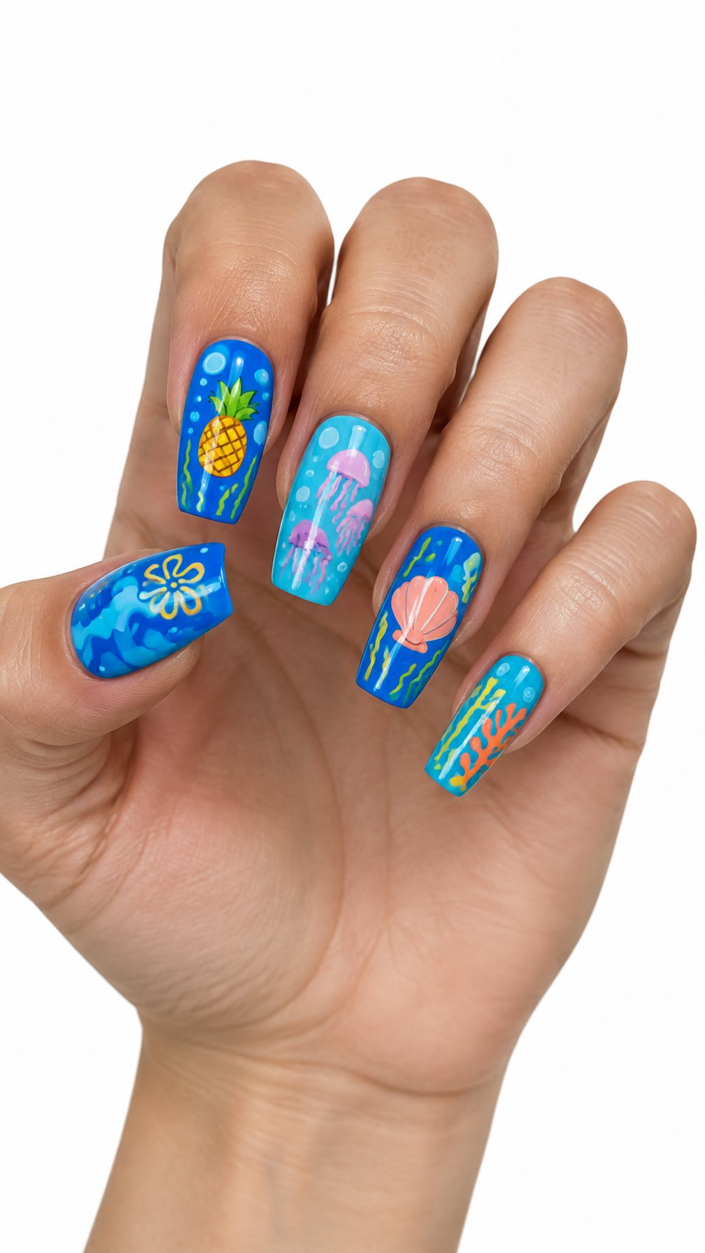 A single hand with glossy electric blue nails featuring colorful underwater-themed designs rests against a white background.