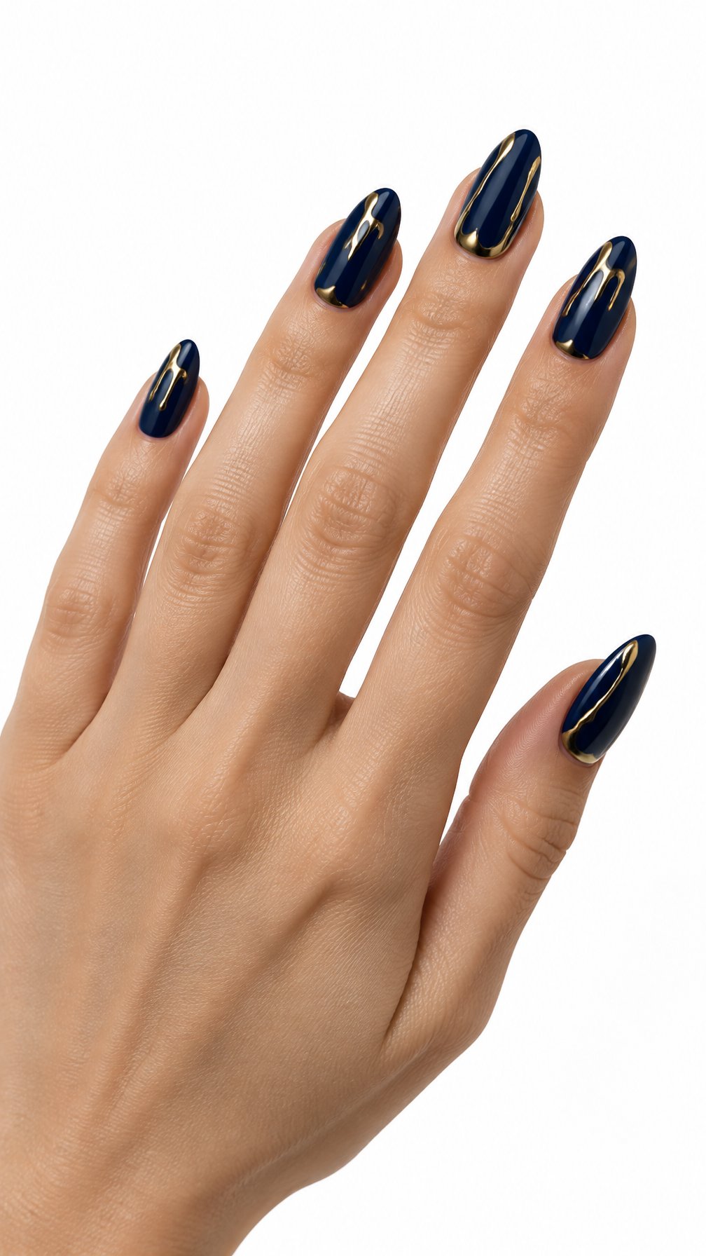 A single hand displays glossy midnight blue nails with metallic gold drip accents against a white background.