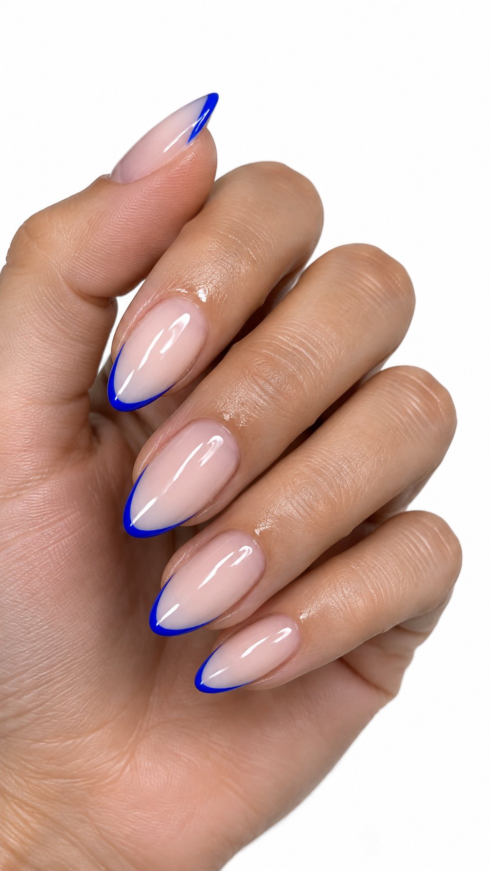 A single hand with glossy almond-shaped nails featuring bright blue French-tip outlines on a white background.