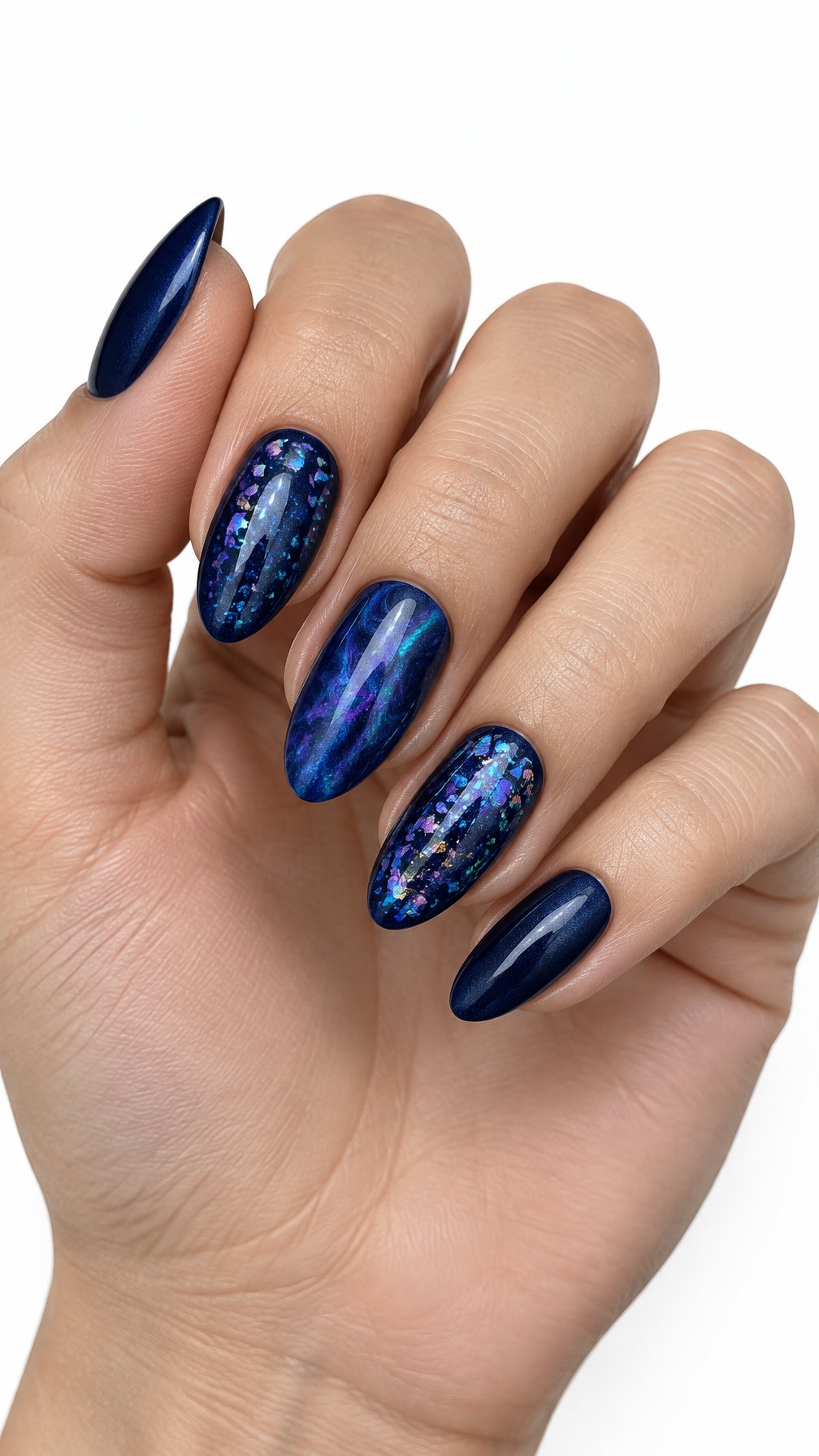 A single hand with glossy midnight blue holographic foil nails rests against a white background.