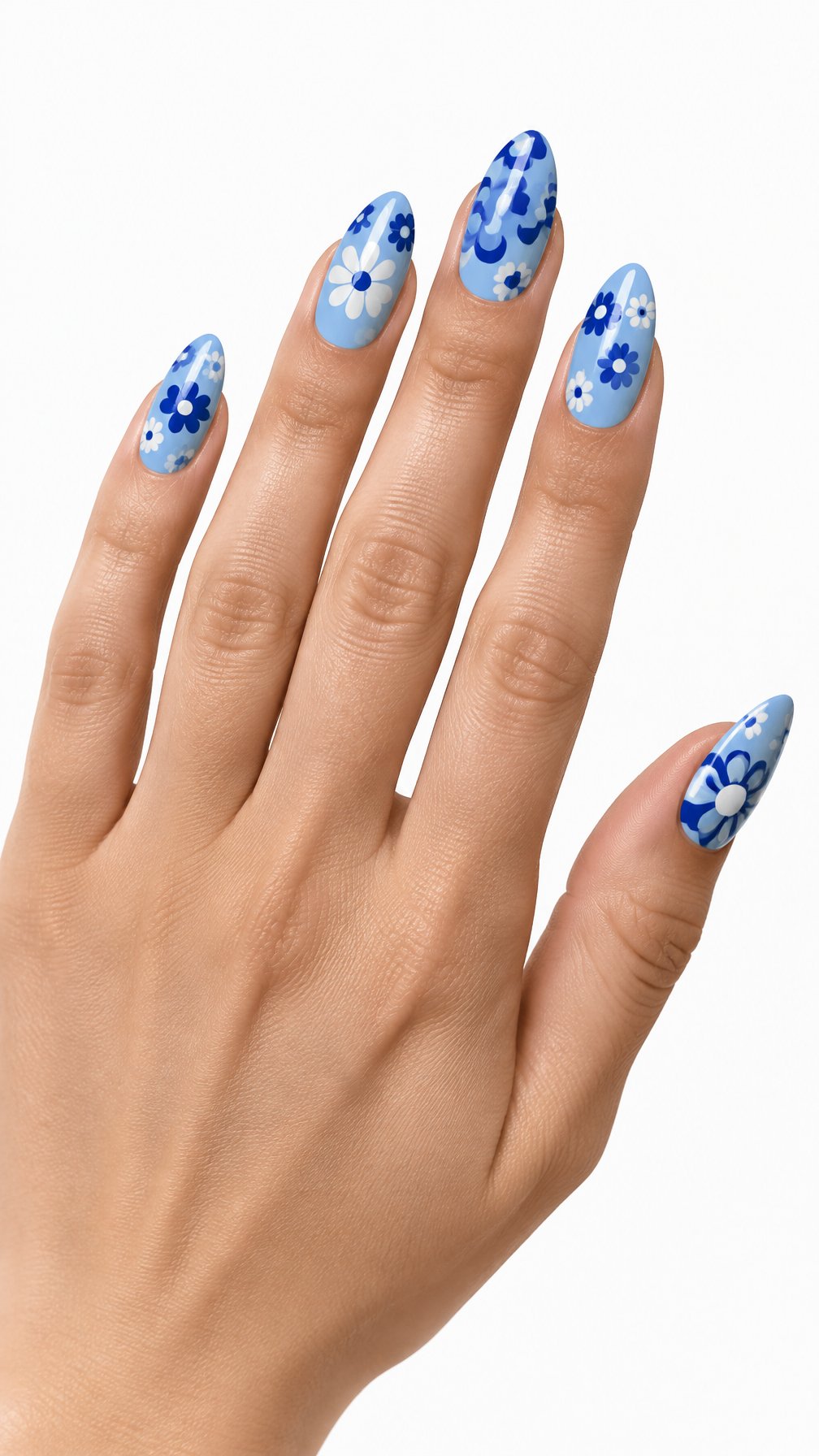 A single hand with blue floral nail art on a white background.