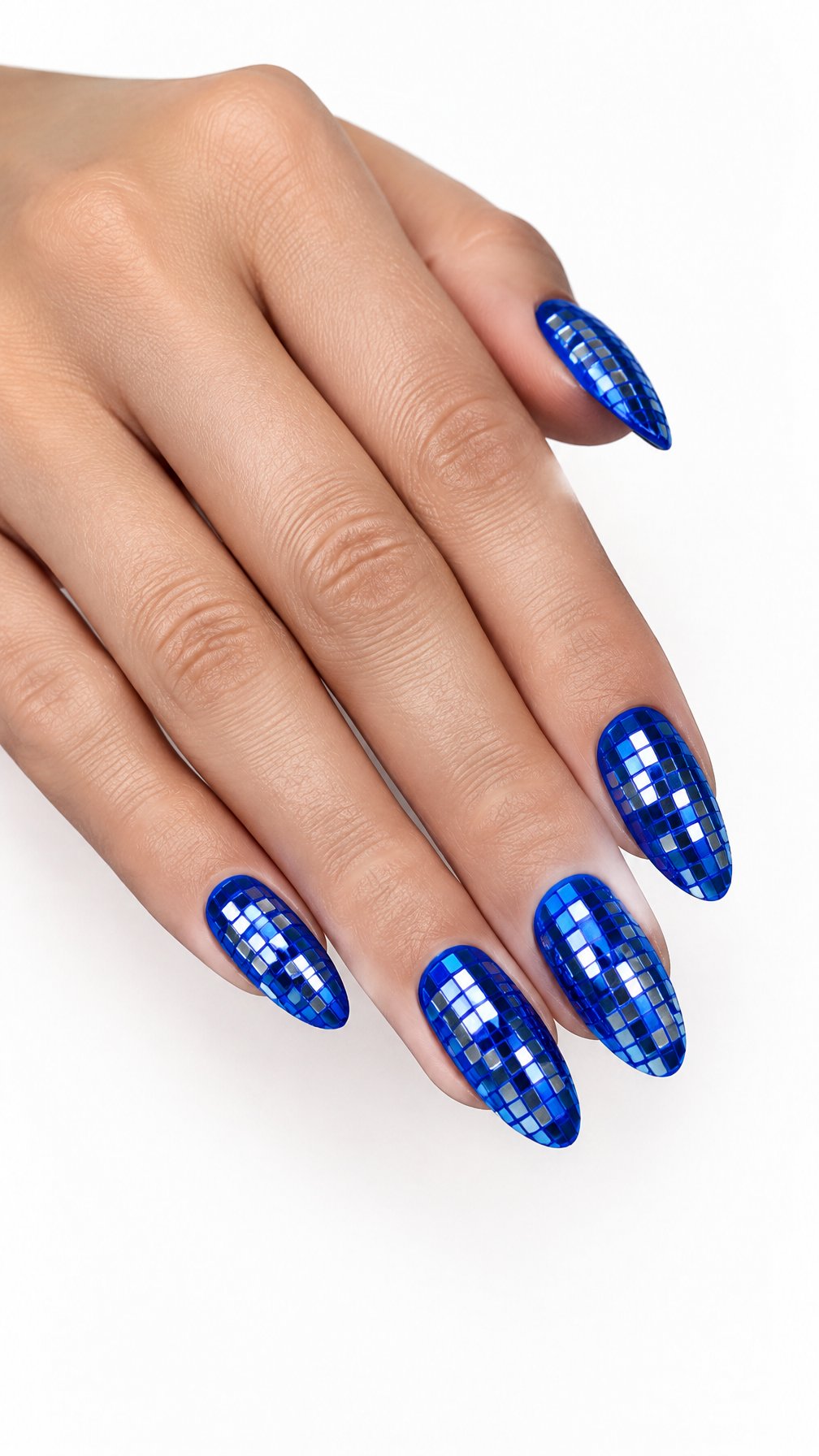 A single hand with glossy electric blue mosaic-patterned nails against a white background.