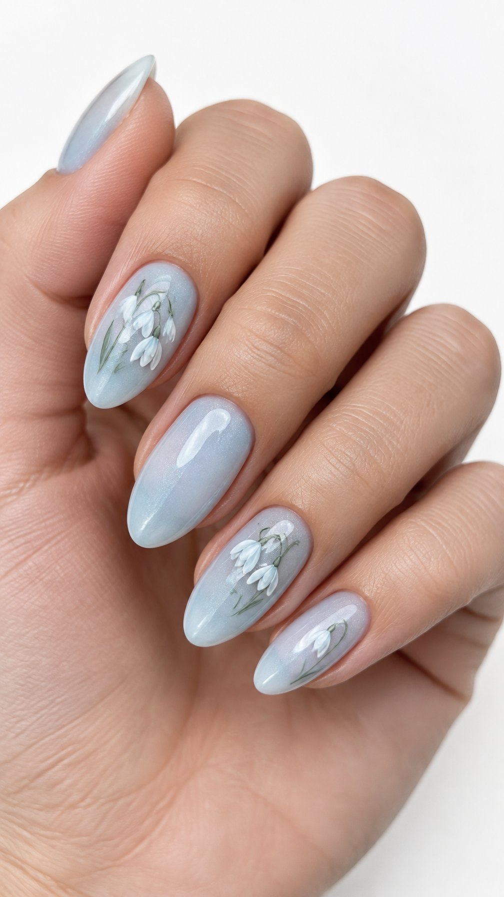 A single hand with frosted blue nails decorated with small white snowdrop flowers on a white background.
