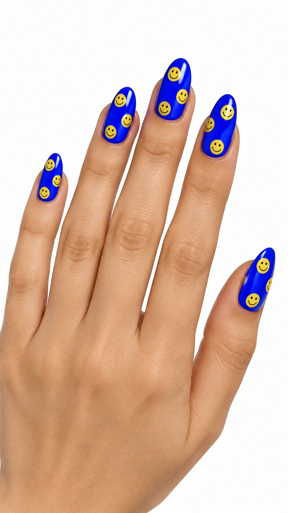 A single hand with glossy electric-blue nails decorated with yellow smiley faces against a white background.
