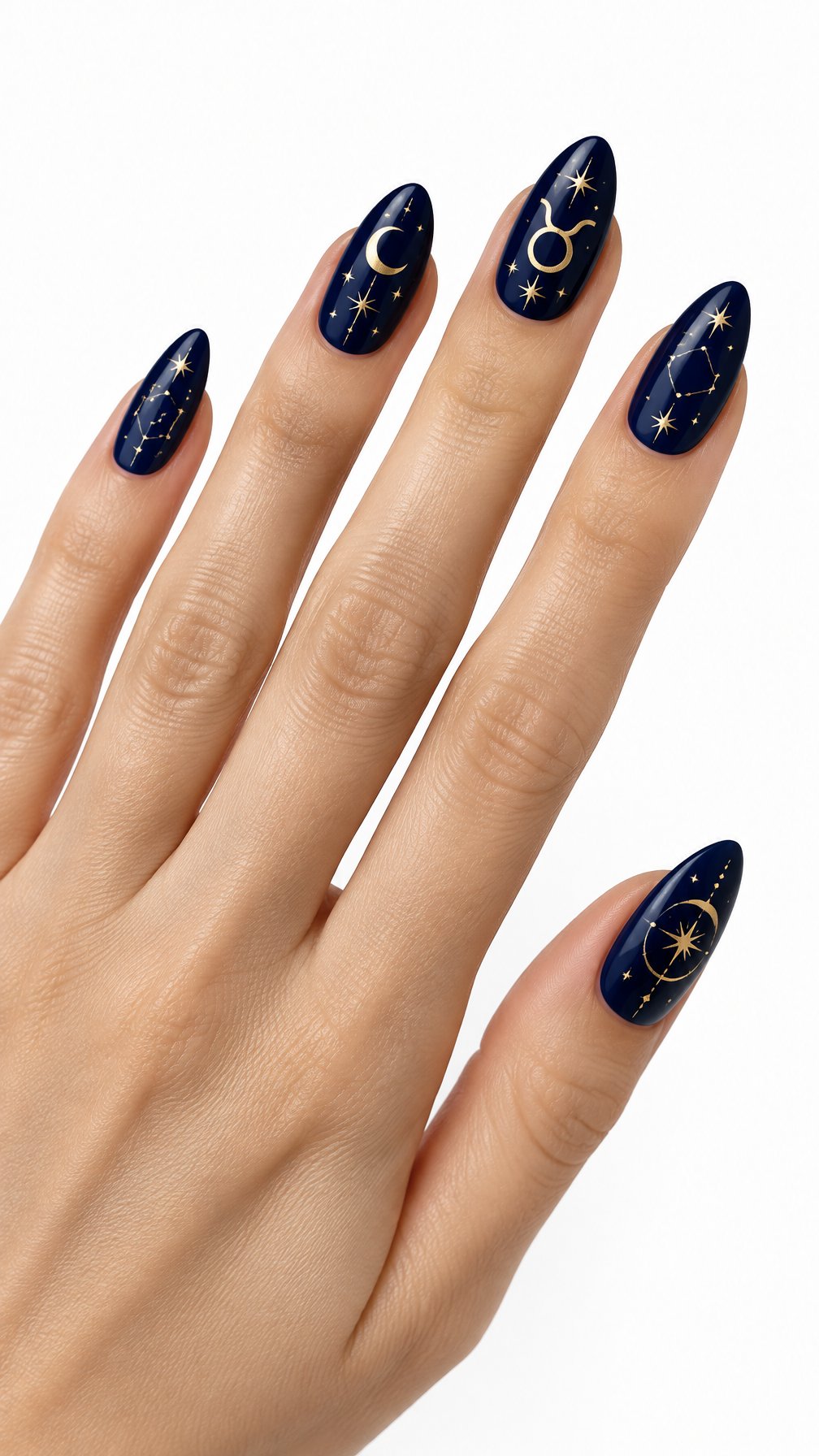 One hand with glossy midnight blue nails decorated with small gold zodiac symbols against a white background.