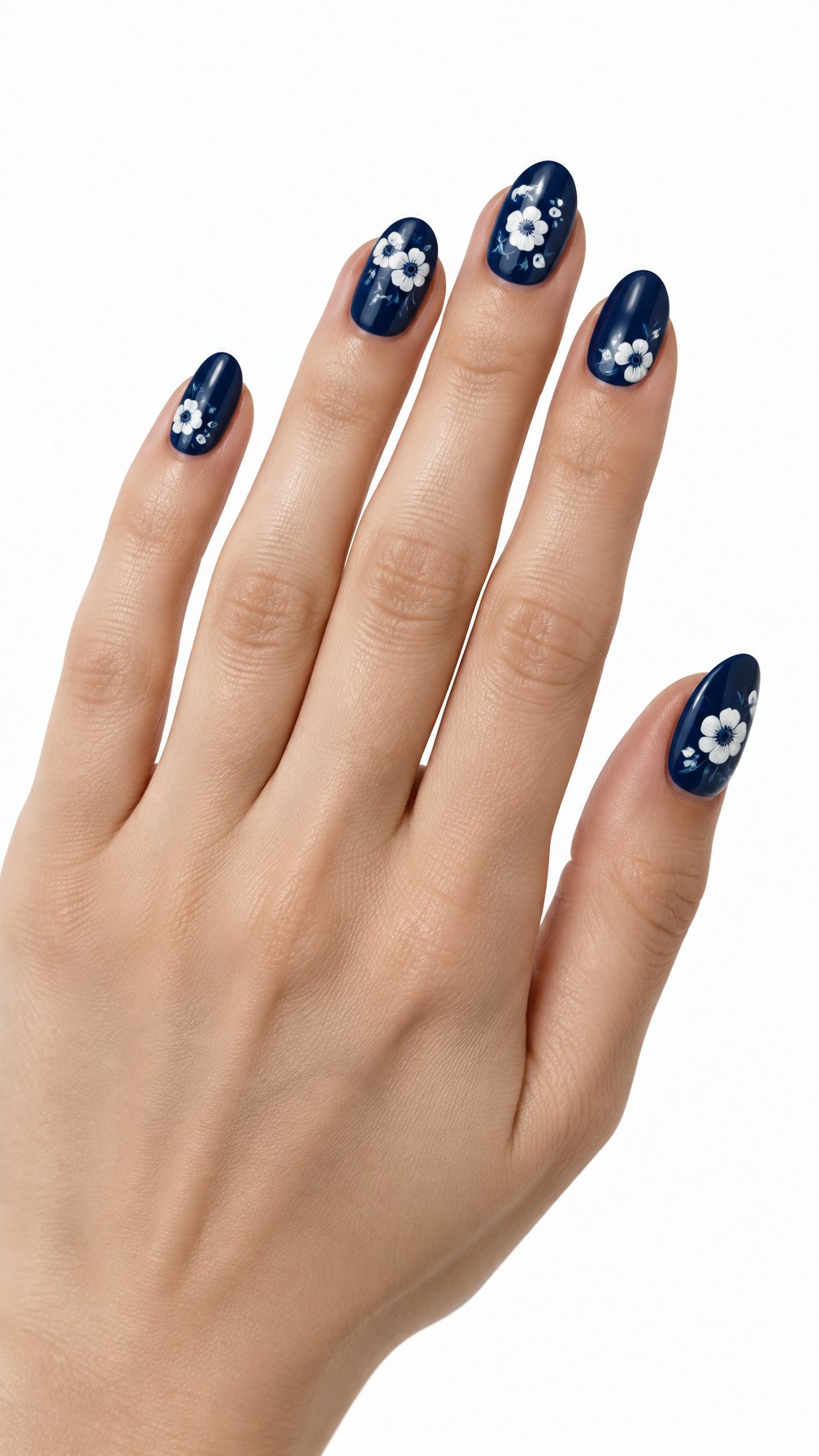 A single hand with glossy navy nails decorated with tiny white flowers against a white background.