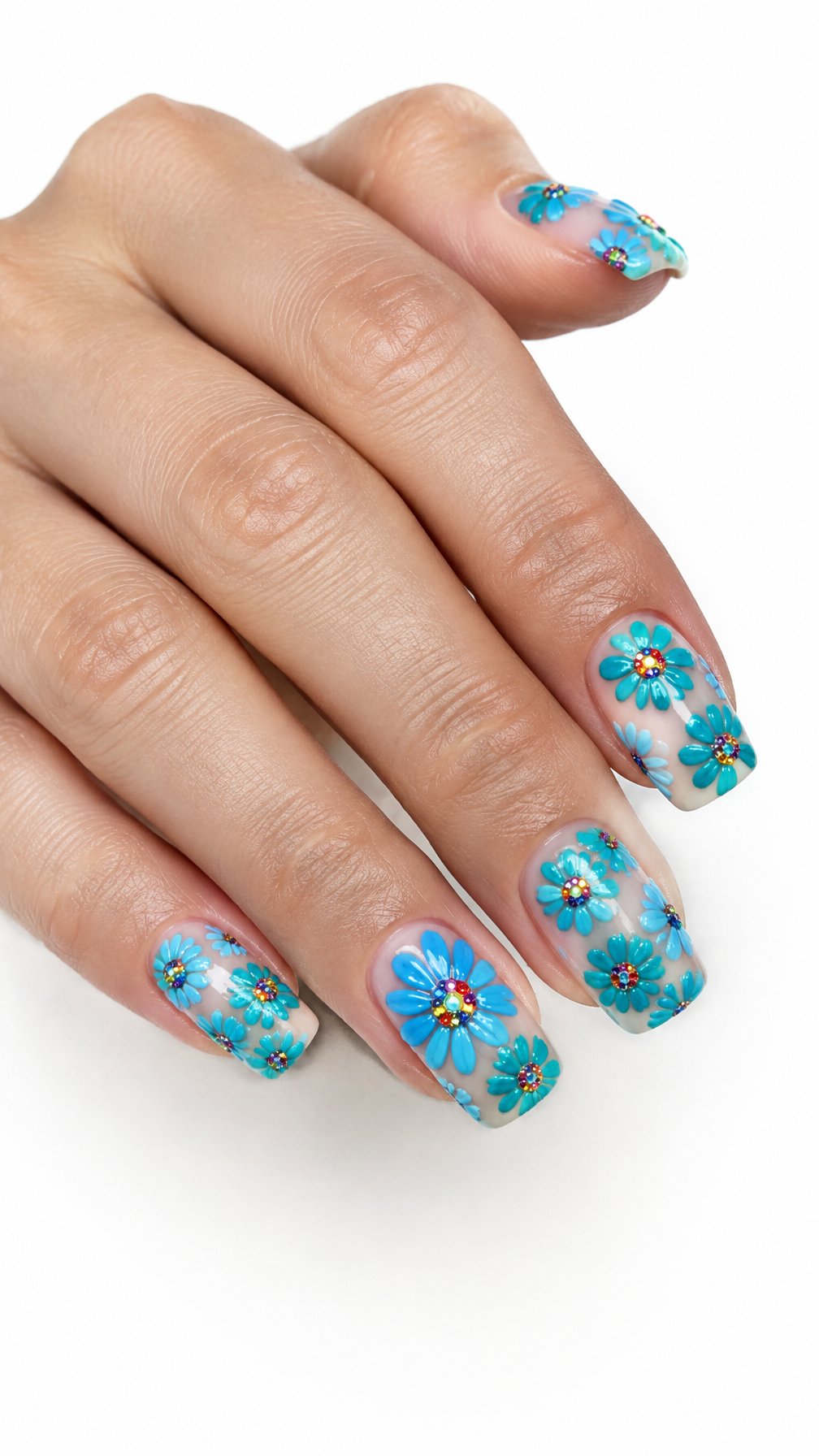 A single hand with cyan daisy nail art and colorful gem centers on a white background.