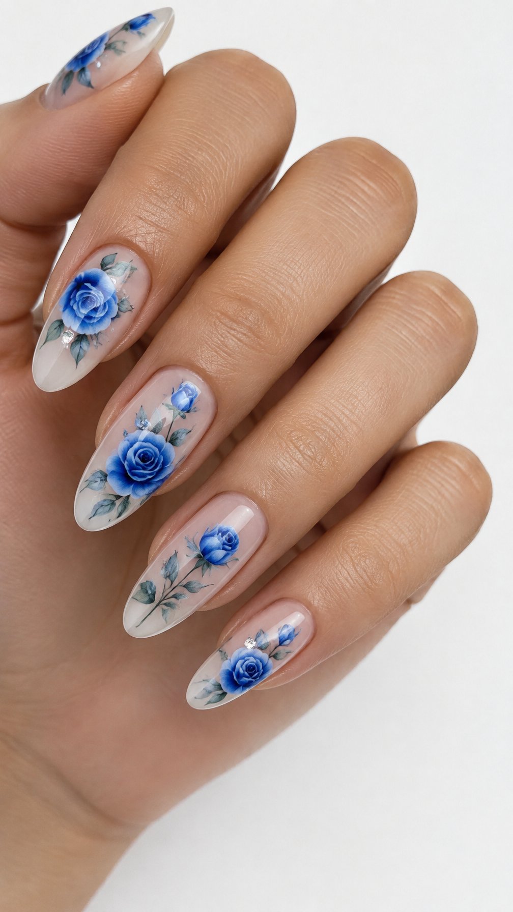 A single hand displays pale nails decorated with blue roses and small clear rhinestones on a white background.