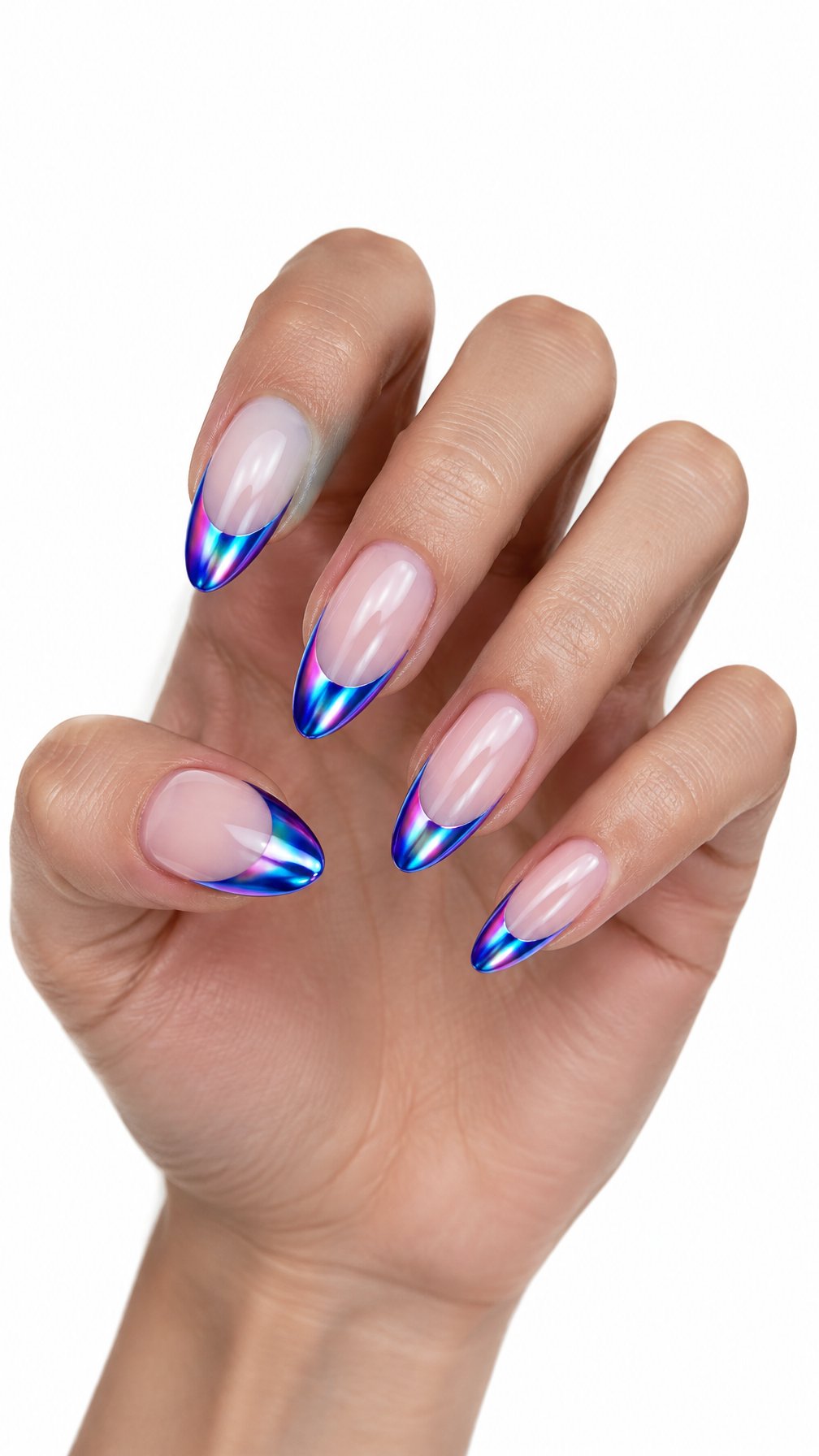 A single hand displays five glossy electric blue chrome-tipped nails against a white background.