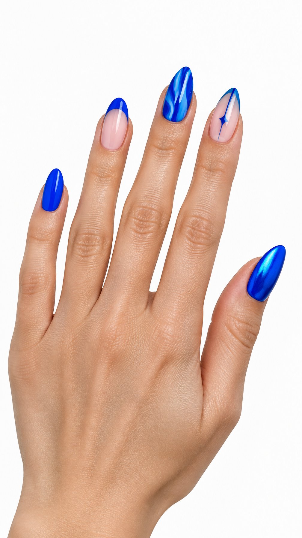 A single hand with detailed electric blue manicured nails against a white background.