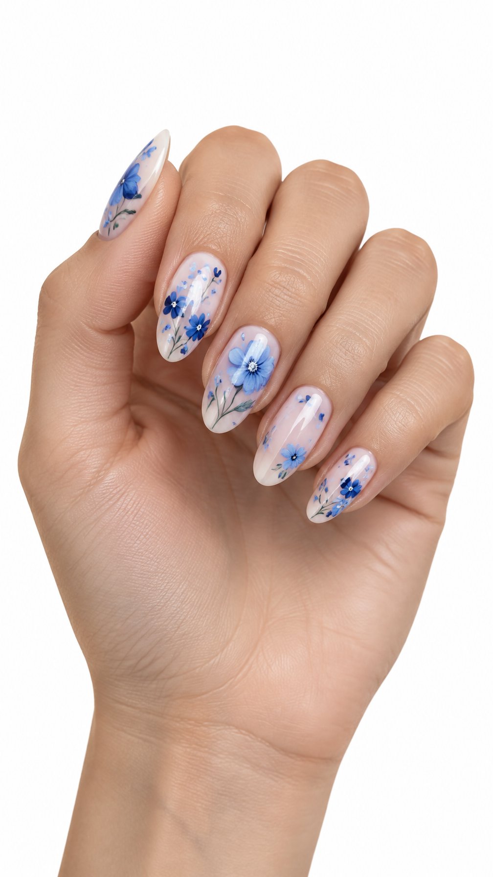 One hand with neatly manicured nails decorated with delicate blue floral designs against a white background.