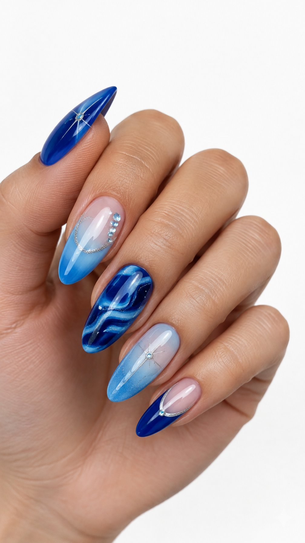 One hand with detailed glossy blue nail art on a white background.