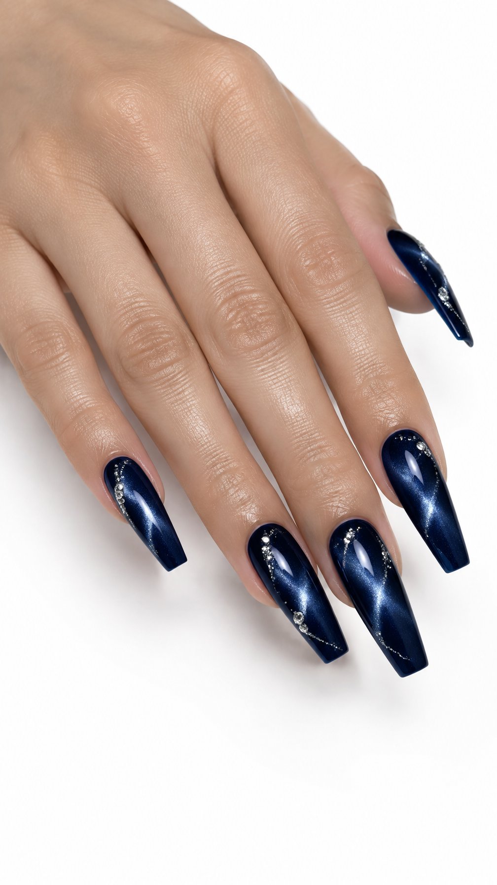 A single hand displays long navy blue coffin-shaped nails with shimmering cat-eye accents against a white background.