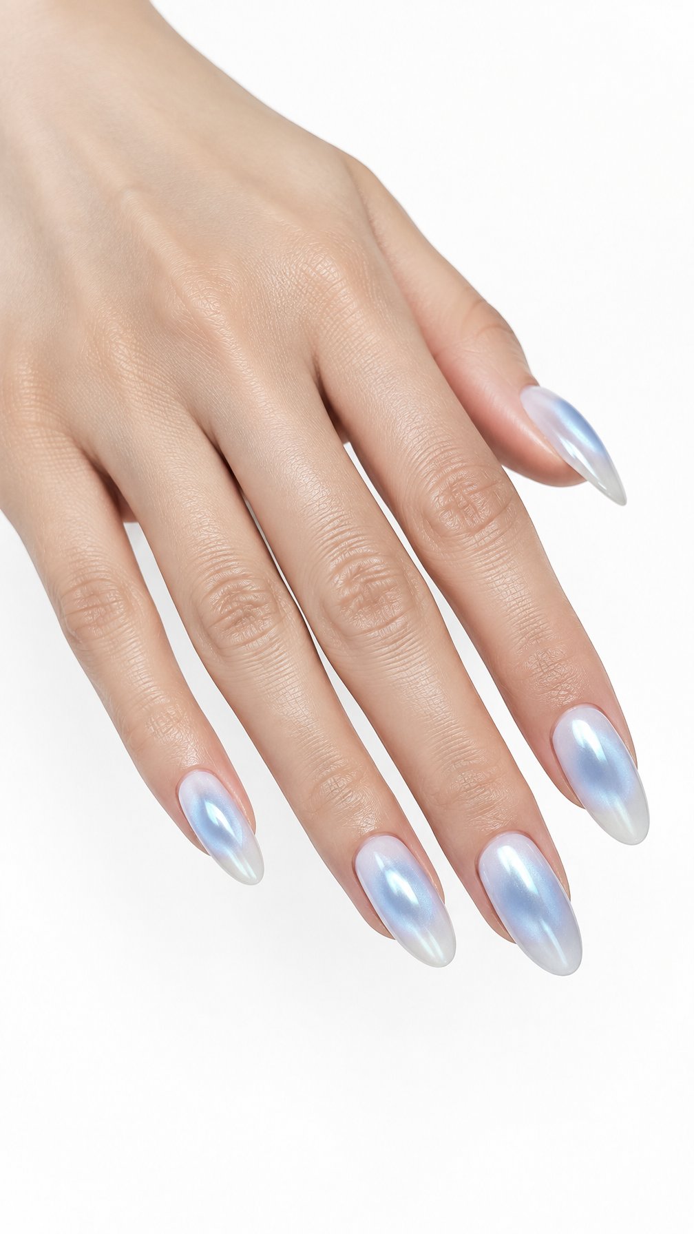 A single hand with glossy icy blue pearl chrome almond-shaped nails against a white background.