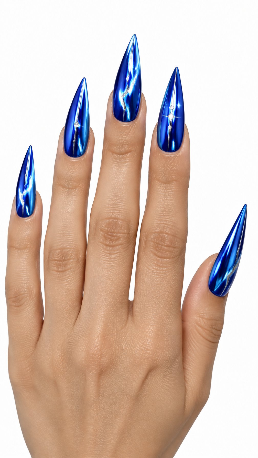 One hand with long electric blue chrome stiletto-shaped nails against a white background.