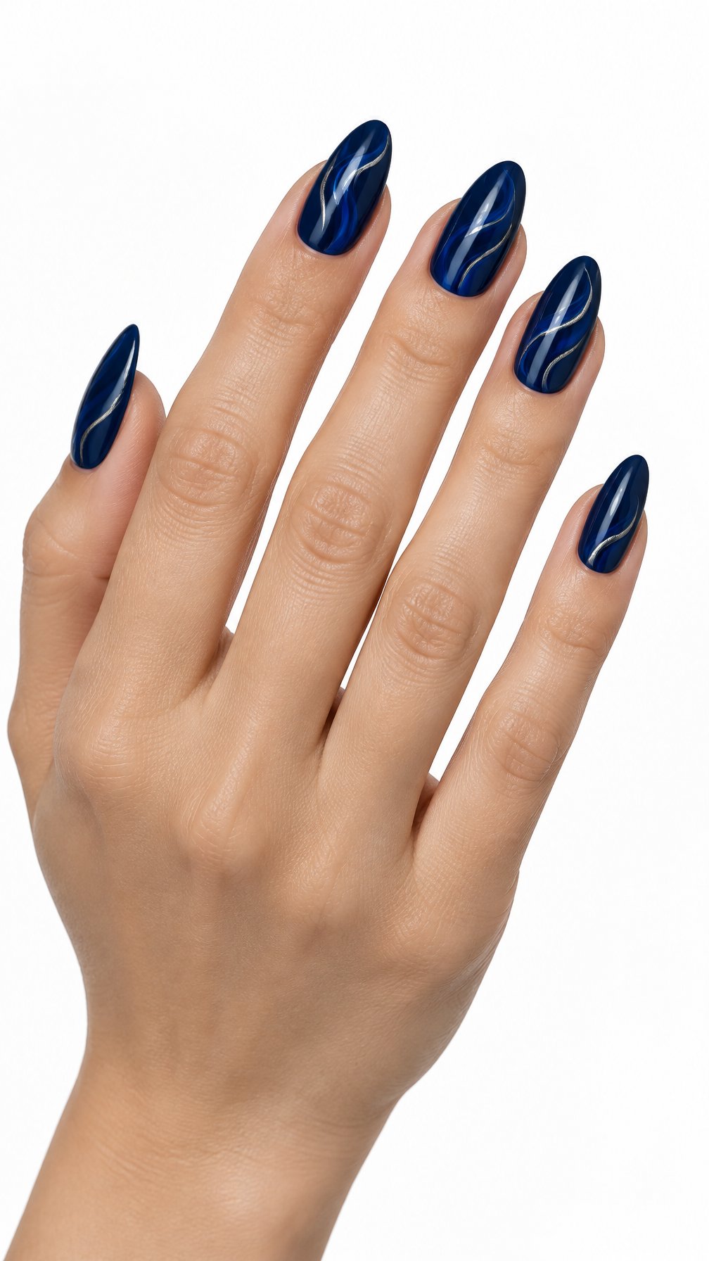A single hand with glossy navy blue nails decorated with silver-lined swirls against a white background.