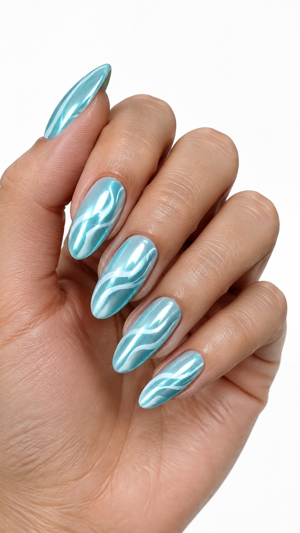 A single hand with glossy aqua blue nails decorated with white wave patterns against a white background.