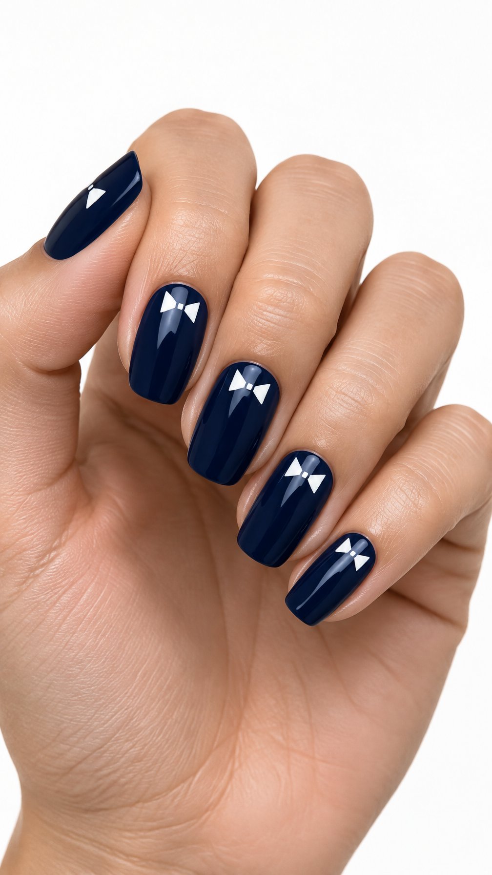 Close-up of one hand with glossy navy blue nails decorated with small white bow-tie designs on a white background.