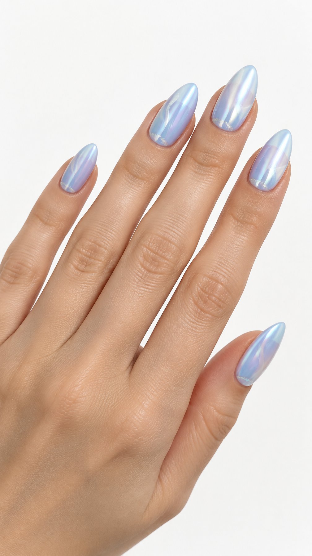 One hand with glossy light blue almond-shaped nails featuring a pearly iridescent finish on a white background.