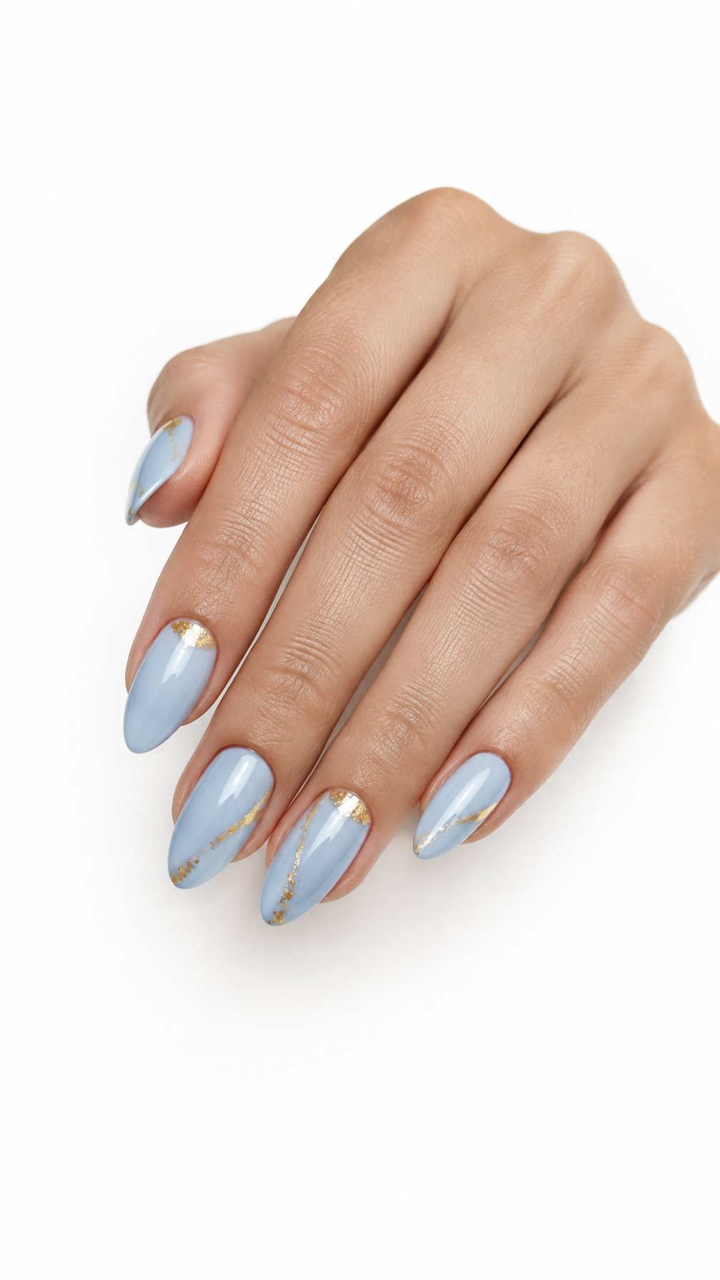 A single hand with powder blue almond-shaped nails decorated with small gold accents on a white background.