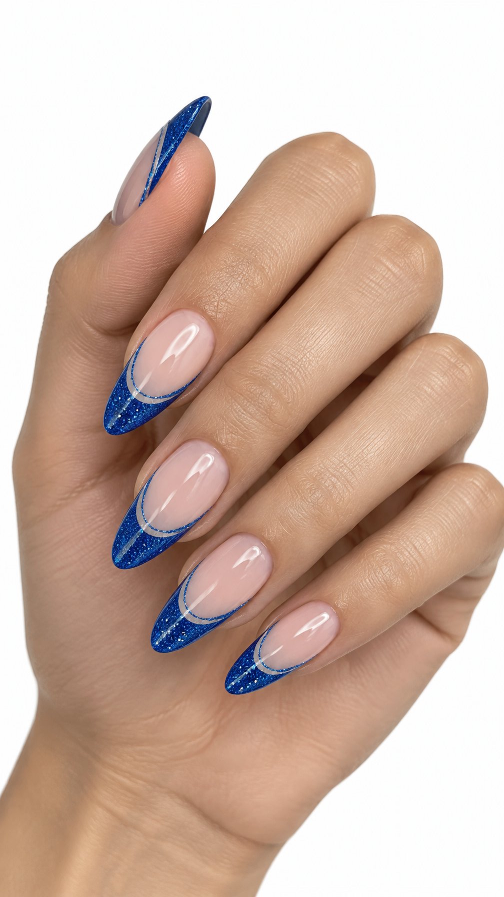 A single hand displays five glossy almond-shaped nails with blue glitter French tips and curved accent lines against a white background.