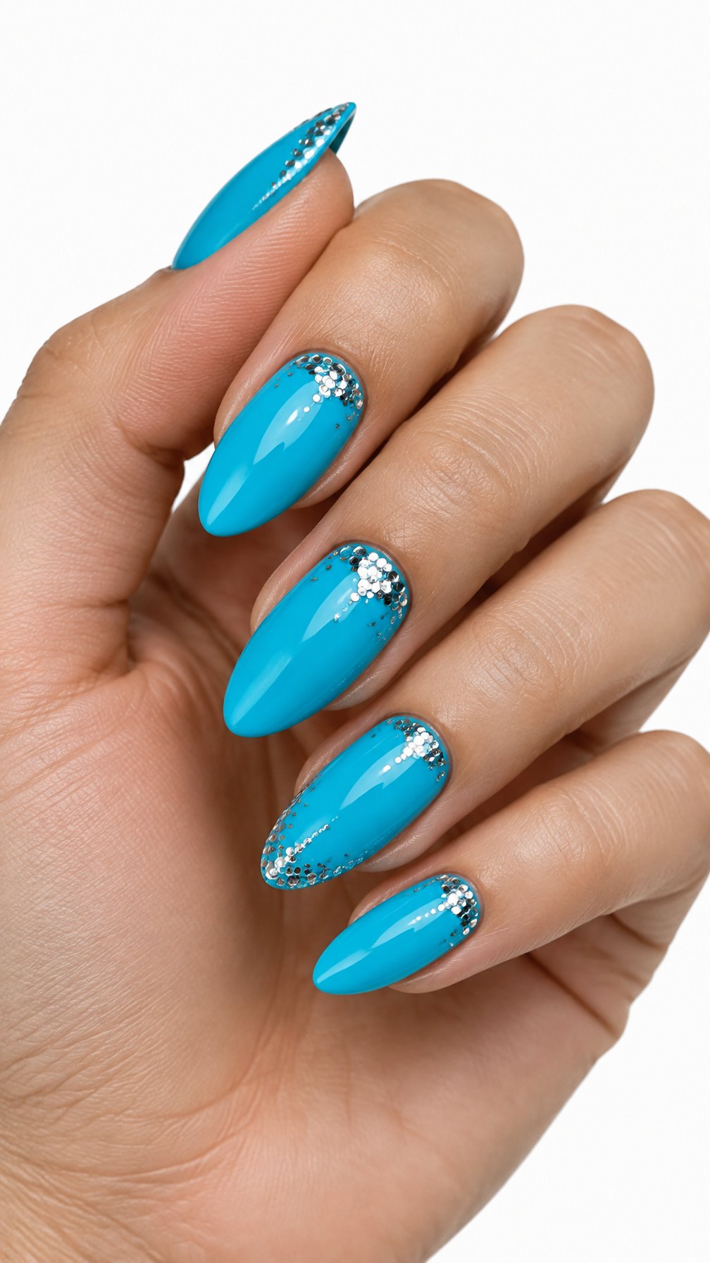 A single hand with turquoise blue manicured nails decorated with small silver sequin accents against a white background.