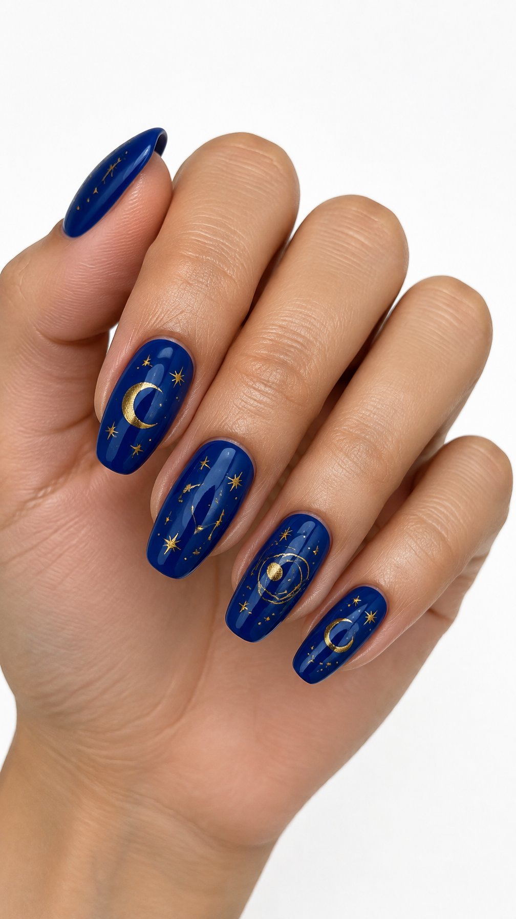A single hand with glossy cobalt blue nails decorated with small gold moons and stars against a white background.