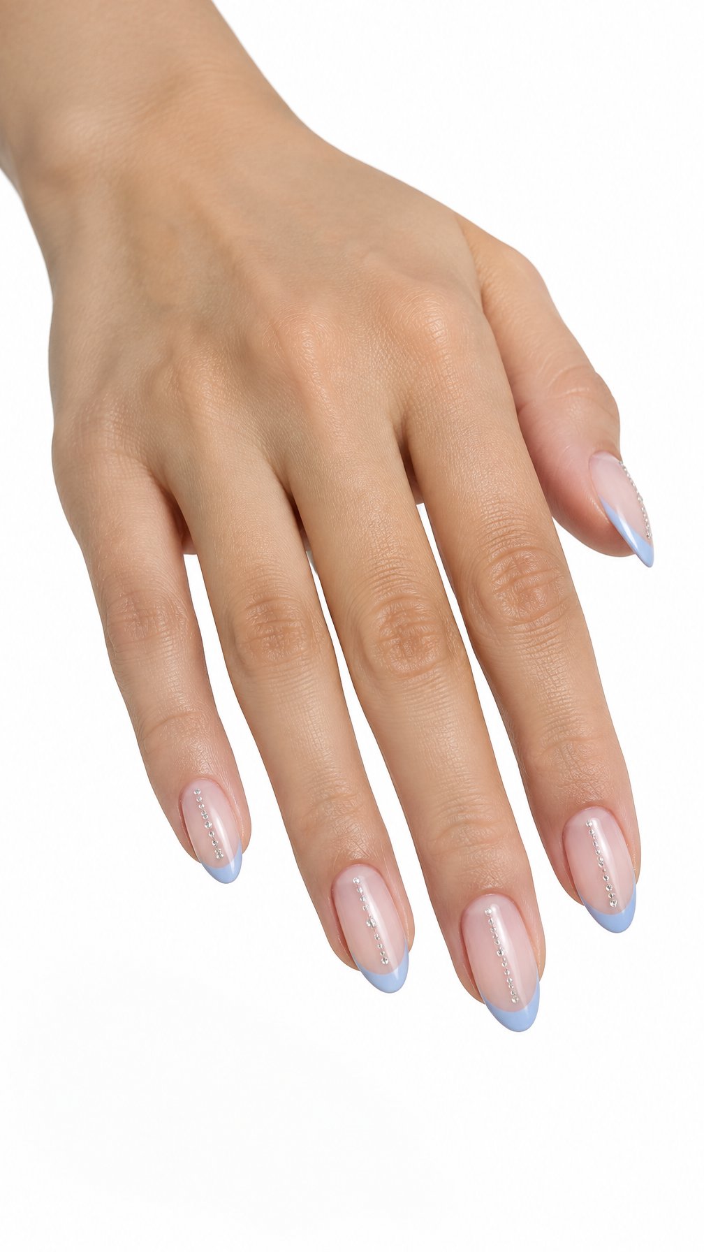 One hand with baby blue French-tip nails and delicate rhinestone accents on a white background.