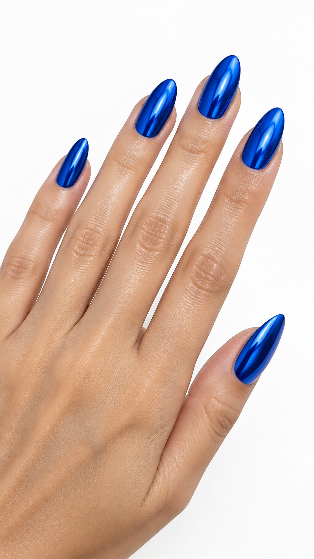 A single hand with long glossy cobalt blue almond-shaped nails against a white background.