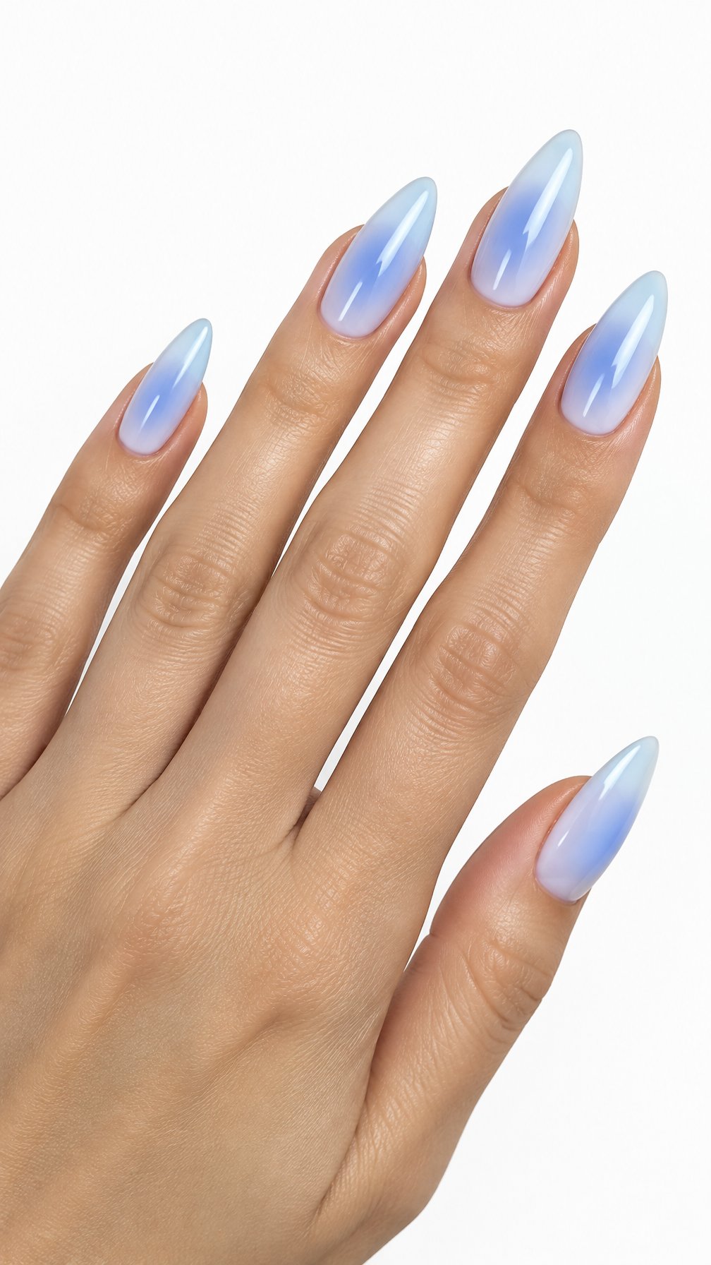 A single hand with glossy baby blue almond-shaped manicured nails against a white background.
