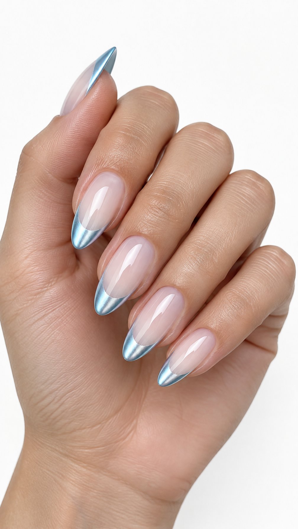 A single hand with long almond-shaped nails featuring icy blue French tips on a white background.